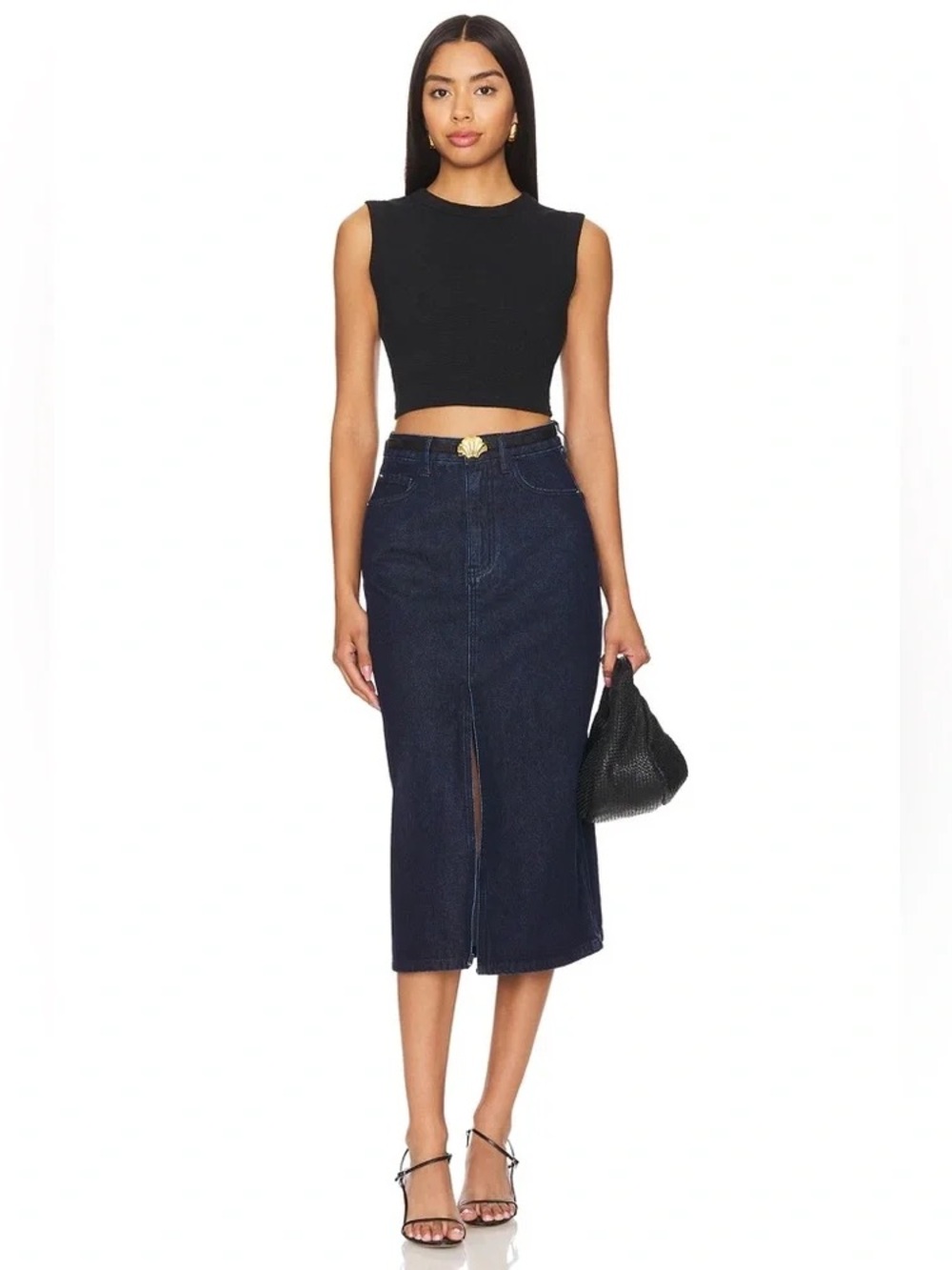 REVOLVE $99 WeWoreWhat Dark Indigo Denim Midi Skirt w/ Front Slit.$99.Size S NWT